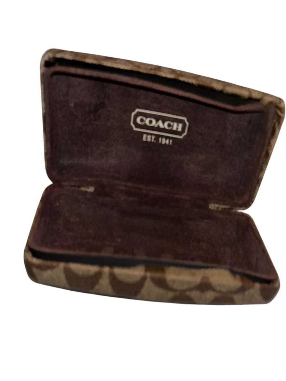 coach tan brown logo print glasses case